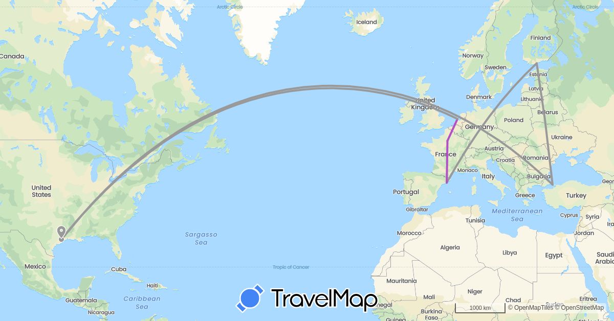 TravelMap itinerary: driving, plane, train in Estonia, Spain, Finland, France, Netherlands, Turkey, United States (Asia, Europe, North America)